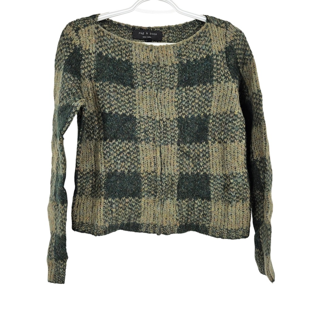Rag & Bone Cammie Sweater Green Check Mohair Boat Neck Long Sleeve Size XXS